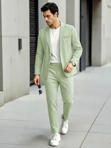 Manfinity Mode Men's Sage Green 2 Pieces Textured Suit,Summer Smart Casual Blazer And Pants Set,Lapel Neck Outfit For Wedding,Spring Vintage Old Money Ceremony - Army Green - View 1