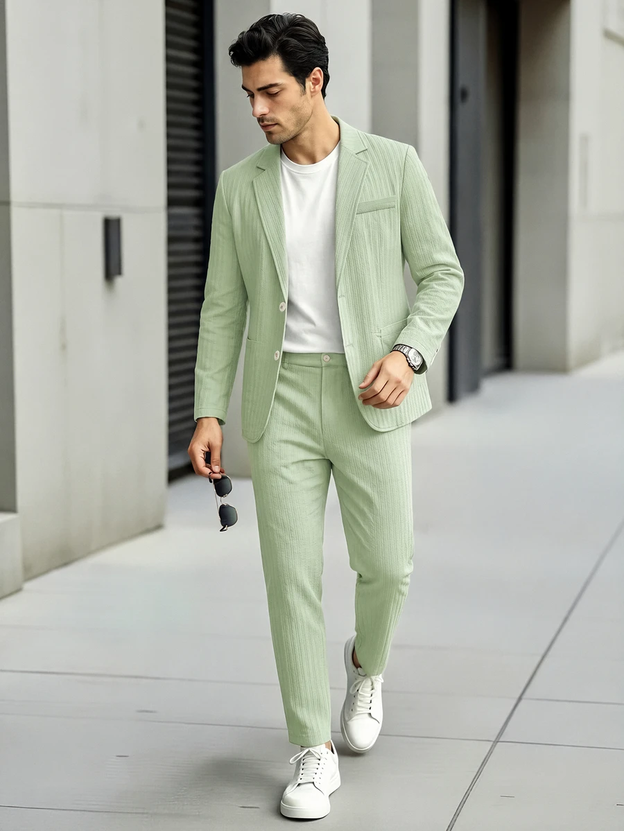 Manfinity Mode Men's Sage Green 2 Pieces Textured Suit,Summer Smart Casual Blazer And Pants Set,Lapel Neck Outfit For Wedding,Spring Vintage Old Money Ceremony - Army Green - View 1