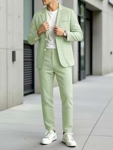 Manfinity Mode Men's Sage Green 2 Pieces Textured Suit,Summer Smart Casual Blazer And Pants Set,Lapel Neck Outfit For Wedding,Spring Vintage Old Money Ceremony - Army Green - View 4