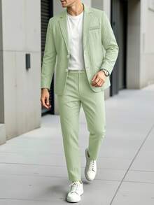 Manfinity Mode Men's Sage Green 2 Pieces Textured Suit,Summer Smart Casual Blazer And Pants Set,Lapel Neck Outfit For Wedding,Spring Vintage Old Money Ceremony - Army Green - View 2