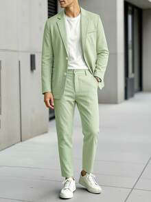 Manfinity Mode Men's Sage Green 2 Pieces Textured Suit,Summer Smart Casual Blazer And Pants Set,Lapel Neck Outfit For Wedding,Spring Vintage Old Money Ceremony - Army Green - View 3