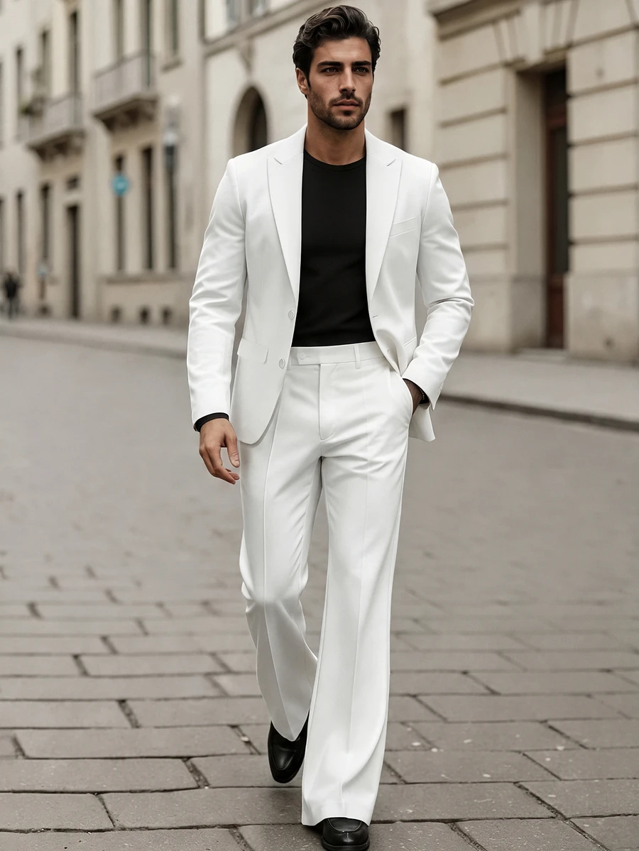 Manfinity Mode Men's Vintage White Fashion Commuter Loose Fit Blazer & Flare Pants Set, Suitable For Old Money Style, Formal - White - View 1