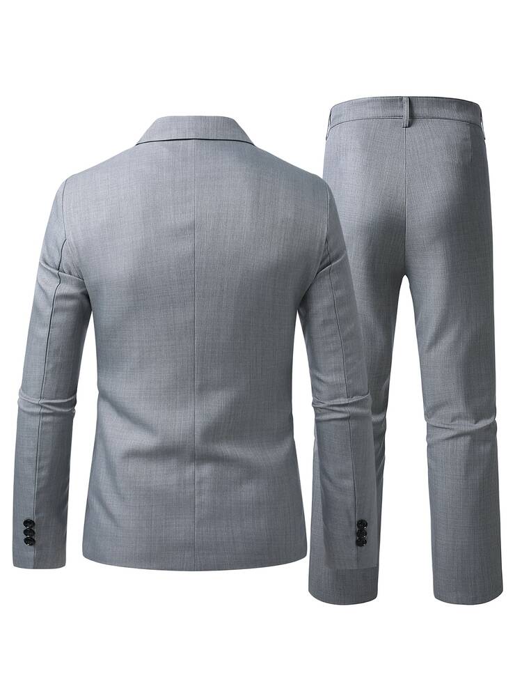Manfinity Mode Men's Solid Color Single-Breasted Notch Lapel Long Sleeve Jacket And Pants Commuter Suit Set - Grey - View 4