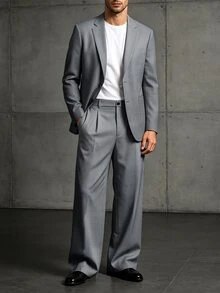 Manfinity Mode Men's Solid Color Single-Breasted Notch Lapel Long Sleeve Jacket And Pants Commuter Suit Set - Grey - View 2