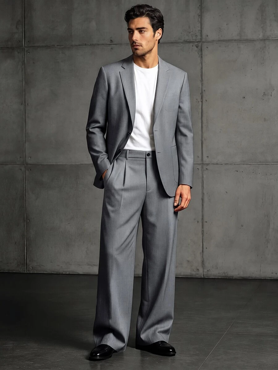 Manfinity Mode Men's Solid Color Single-Breasted Notch Lapel Long Sleeve Jacket And Pants Commuter Suit Set - Grey - View 1