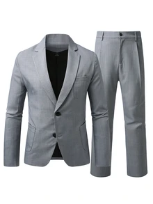 Manfinity Mode Men's Solid Color Single-Breasted Notch Lapel Long Sleeve Jacket And Pants Commuter Suit Set - Grey - View 3