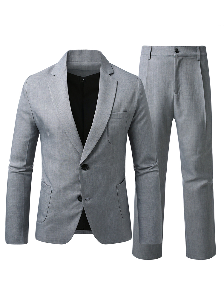 Manfinity Mode Men's Solid Color Single-Breasted Notch Lapel Long Sleeve Jacket And Pants Commuter Suit Set - Grey - View 3
