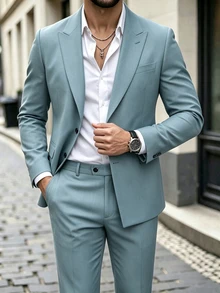 Manfinity Mode Men's Old Money A Teal-Green, Loose-Fitting Casual Suit Set; The Wide-Leg Trousers Feature A Pressed-Pleat Design That Enhances The Relaxed Silhouette - Mint Green - View 2