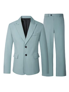 Manfinity Mode Men's Old Money A Teal-Green, Loose-Fitting Casual Suit Set; The Wide-Leg Trousers Feature A Pressed-Pleat Design That Enhances The Relaxed Silhouette - Mint Green - View 4