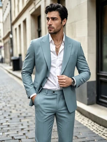 Manfinity Mode Men's Old Money A Teal-Green, Loose-Fitting Casual Suit Set; The Wide-Leg Trousers Feature A Pressed-Pleat Design That Enhances The Relaxed Silhouette - Mint Green - View 1