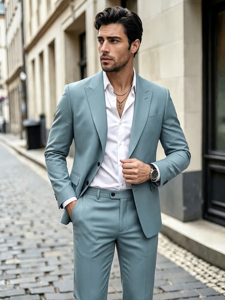 Manfinity Mode Men's Old Money A Teal-Green, Loose-Fitting Casual Suit Set; The Wide-Leg Trousers Feature A Pressed-Pleat Design That Enhances The Relaxed Silhouette - Mint Green - View 1
