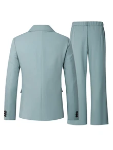 Manfinity Mode Men's Old Money A Teal-Green, Loose-Fitting Casual Suit Set; The Wide-Leg Trousers Feature A Pressed-Pleat Design That Enhances The Relaxed Silhouette - Mint Green - View 5