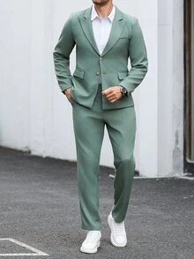 Manfinity Mode Conjunto de chaqueta y pantalones de negocios casual para hombres para ir al trabajo - Verde - Ver 3
