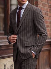 Manfinity Mode Men's Business Casual Striped Blazer And Trousers Suit Set - Coffee Brown - View 6