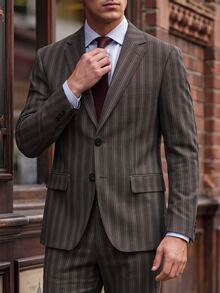 Manfinity Mode Men's Business Casual Striped Blazer And Trousers Suit Set - Coffee Brown - View 5