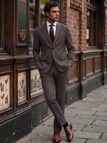 Manfinity Mode Men's Business Casual Striped Blazer And Trousers Suit Set - Coffee Brown - View 1