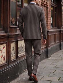 Manfinity Mode Men's Business Casual Striped Blazer And Trousers Suit Set - Coffee Brown - View 4