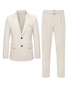 Manfinity Mode Men's Solid Color Single-Breasted Notch Lapel Long Sleeve Blazer And Pants Casual Commute Suit Set, Formal, Old Money - Apricot - View 3