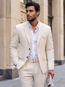 Manfinity Mode Men's Solid Color Single-Breasted Notch Lapel Long Sleeve Blazer And Pants Casual Commute Suit Set, Formal, Old Money - Apricot - View 1