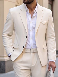 Manfinity Mode Men's Solid Color Single-Breasted Notch Lapel Long Sleeve Blazer And Pants Casual Commute Suit Set, Formal, Old Money - Apricot - View 2