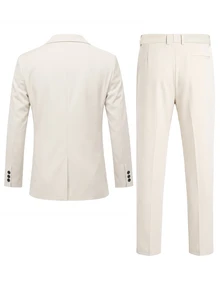 Manfinity Mode Men's Solid Color Single-Breasted Notch Lapel Long Sleeve Blazer And Pants Casual Commute Suit Set, Formal, Old Money - Apricot - View 4