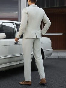 Manfinity Mode Men's Casual 2 Pieces Suit Set,Light Grey Striped Lapel Neck Jacket And Pants Business Outfit,Slim Fit Summer Suits For Wedding,Daily Commute,Party - Beige - View 5