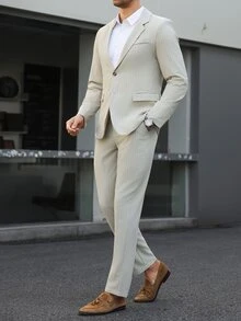 Manfinity Mode Men's Casual 2 Pieces Suit Set,Light Grey Striped Lapel Neck Jacket And Pants Business Outfit,Slim Fit Summer Suits For Wedding,Daily Commute,Party - Beige - View 4