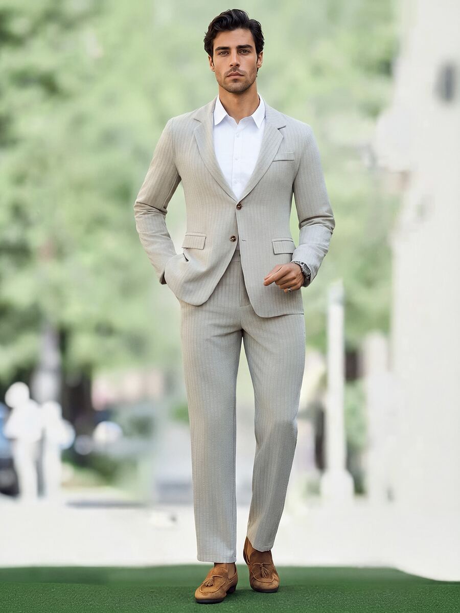 Manfinity Mode Men's Casual 2 Pieces Suit Set,Light Grey Striped Lapel Neck Jacket And Pants Business Outfit,Slim Fit Summer Suits For Wedding,Daily Commute,Party - Beige - View 1
