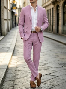 Manfinity Mode Men's Solid Color Single-Breasted Notch Lapel Long Sleeve Blazer And Pants Casual Commute Suit Set, Formal, Old Money - Dusty Pink - View 5