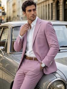 Manfinity Mode Men's Solid Color Single-Breasted Notch Lapel Long Sleeve Blazer And Pants Casual Commute Suit Set, Formal, Old Money - Dusty Pink - View 1