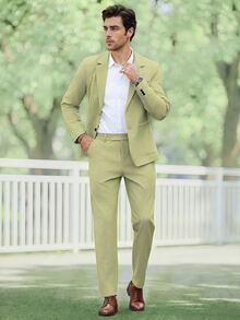 Manfinity Mode Men's Sage Green Summer Casual Wedding Business Suit, Simple Solid Color Linen Fabric 2 Pieces Set, Includes Top And Pants, Relaxed Fit Formal Occasions, Ceremony - Green - View 1