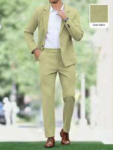 Manfinity Mode Men's Sage Green Summer Casual Wedding Business Suit, Simple Solid Color Linen Fabric 2 Pieces Set, Includes Top And Pants, Relaxed Fit Formal Occasions, Ceremony - Green - View 2