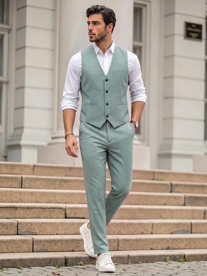 Manfinity Mode Conjunto de traje casual de hombre de unicolor con chaleco de un solo pecho y pantalones, para ceremonia, formal