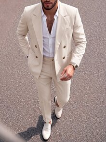 Manfinity Mode 男士商務休閒優雅鈕扣長袖西裝外套與口袋西裝褲套裝，白色夏季世界盃度假風，老錢風，日常休閒、週末旅行、戶外活動、辦公室、旅行探險、輕鬆工作環境或半正式場合，男友/丈夫禮物，週年/生日禮物派對，秋季假期、婚禮、春夏季、復活節、Y2k、復古、節日、街頭風、返校、典禮 - 卡其色 - 查看 2