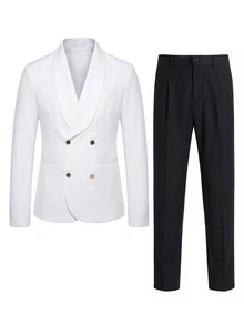 Manfinity Mode Men's Business Formal Shawl Neck Double-Breasted Suit Set For Work, Wedding White Outfit For Men For Party Men White Suit For Ceremony - White - View 4