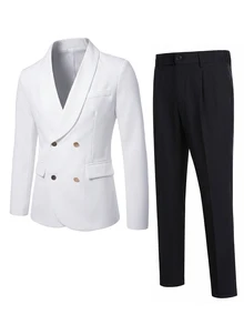 Manfinity Mode Men's Business Formal Shawl Neck Double-Breasted Suit Set For Work, Wedding White Outfit For Men For Party Men White Suit For Ceremony - White - View 3