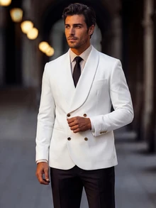 Manfinity Mode Men's Business Formal Shawl Neck Double-Breasted Suit Set For Work, Wedding White Outfit For Men For Party Men White Suit For Ceremony - White - View 1