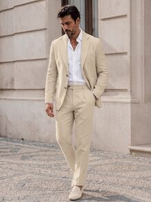 Manfinity Mode Men's Simple Solid Color Business Suit, Including Blazer And Trousers, Ceremony, Formal, Old Money - Khaki - View 1