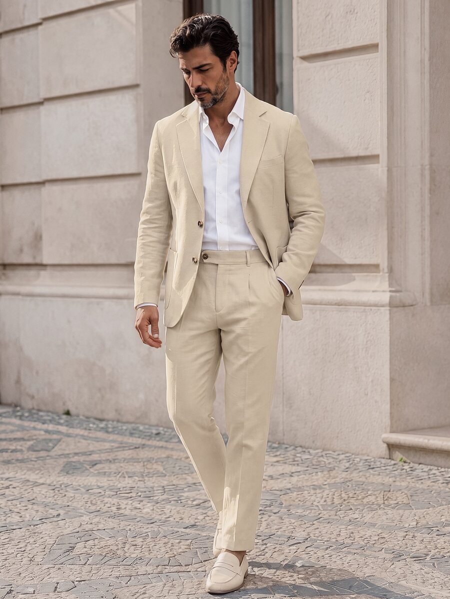 Manfinity Mode Men's Simple Solid Color Business Suit, Including Blazer And Trousers, Ceremony, Formal, Old Money - Khaki - View 1