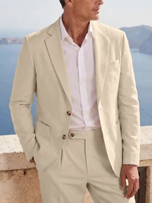 Manfinity Mode Men's Simple Solid Color Business Suit, Including Blazer And Trousers, Ceremony, Formal, Old Money - Khaki - View 7