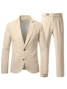 Manfinity Mode Men's Simple Solid Color Business Suit, Including Blazer And Trousers, Ceremony, Formal, Old Money - Khaki - View 3
