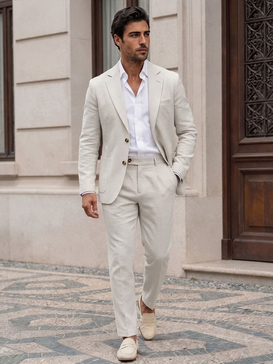 Manfinity Mode Men's Simple Solid Color Business Suit, Including Blazer And Trousers, Formal, Old Money - Apricot - View 1