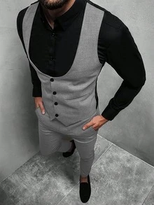 Manfinity Mode Men's Colorblock Patchwork Waistcoat And Pants Formal Suit Set Formal, Ceremony - Light Grey - View 8