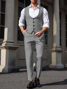 Manfinity Mode Men's Colorblock Patchwork Waistcoat And Pants Formal Suit Set Formal, Ceremony - Light Grey - View 6
