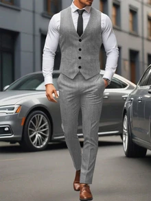Manfinity Mode Men's Colorblock Patchwork Waistcoat And Pants Formal Suit Set Formal, Ceremony - Light Grey - View 3
