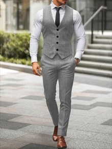 Manfinity Mode Men's Colorblock Patchwork Waistcoat And Pants Formal Suit Set Formal, Ceremony - Light Grey - View 4