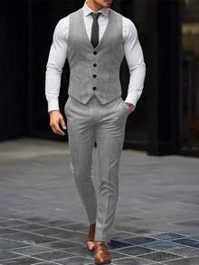 Manfinity Mode Men's Colorblock Patchwork Waistcoat And Pants Formal Suit Set Formal, Ceremony - Light Grey - View 2