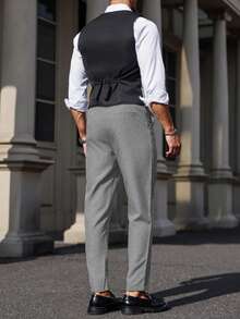 Manfinity Mode Men's Colorblock Patchwork Waistcoat And Pants Formal Suit Set Formal, Ceremony - Light Grey - View 7