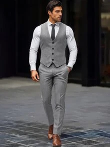 Manfinity Mode Men's Colorblock Patchwork Waistcoat And Pants Formal Suit Set Formal, Ceremony - Light Grey - View 1