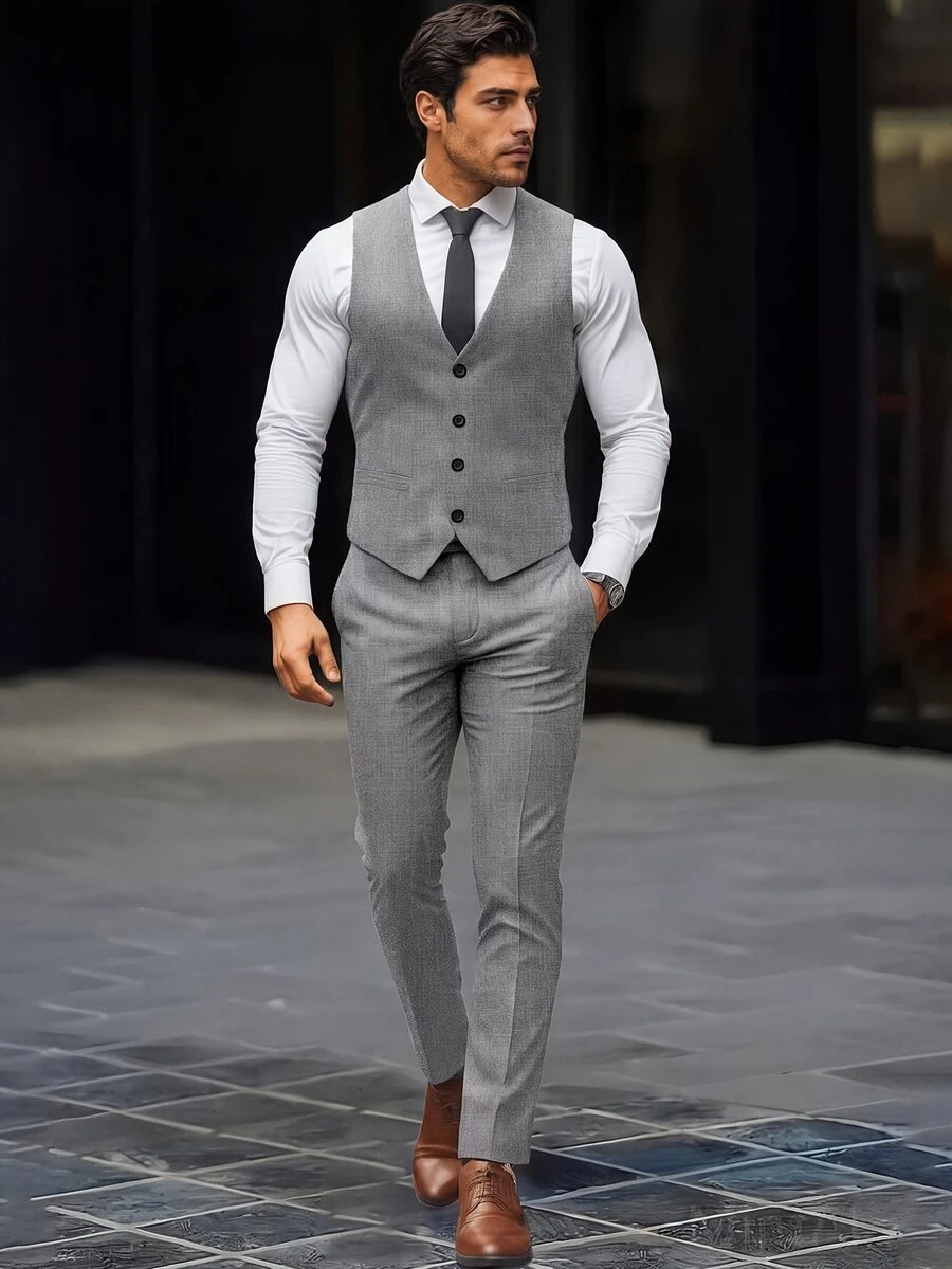 Manfinity Mode Men's Colorblock Patchwork Waistcoat And Pants Formal Suit Set Formal, Ceremony - Light Grey - View 1
